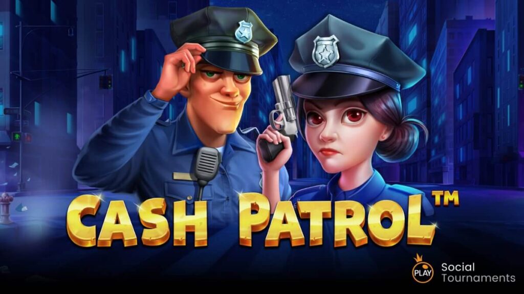 Cash Patrol Slot reels featuring police cars, badges, and bags of cash in a thrilling police chase backdrop