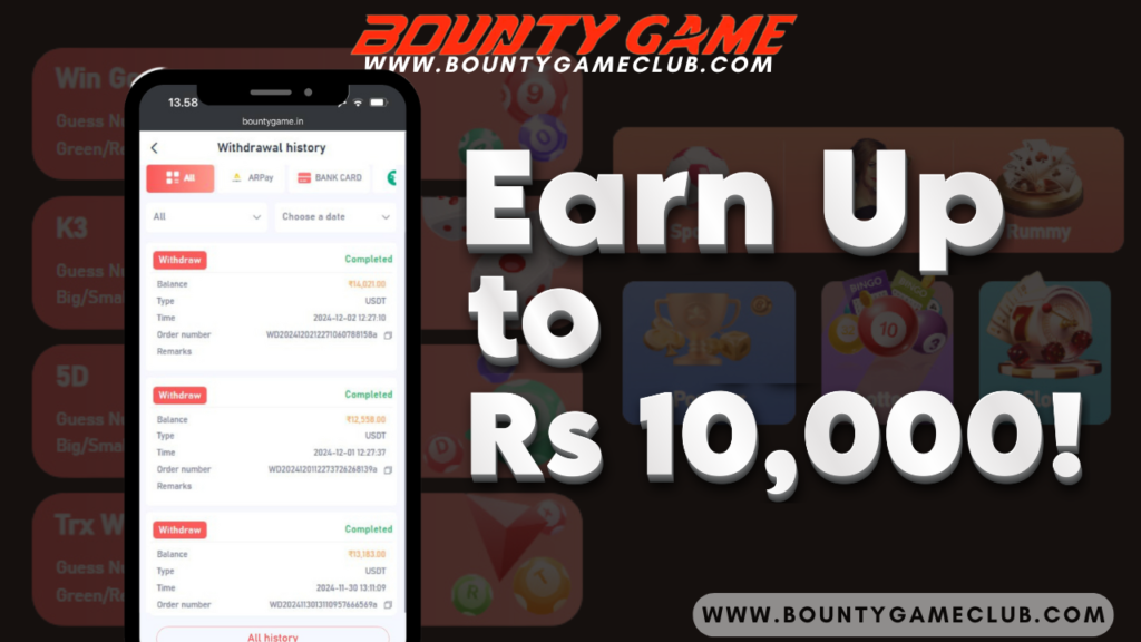 Bright and colorful promotional banner for Bounty Game, showcasing thrilling gameplay and a reward message: 'Login and Earn Up to Rs 10,000!