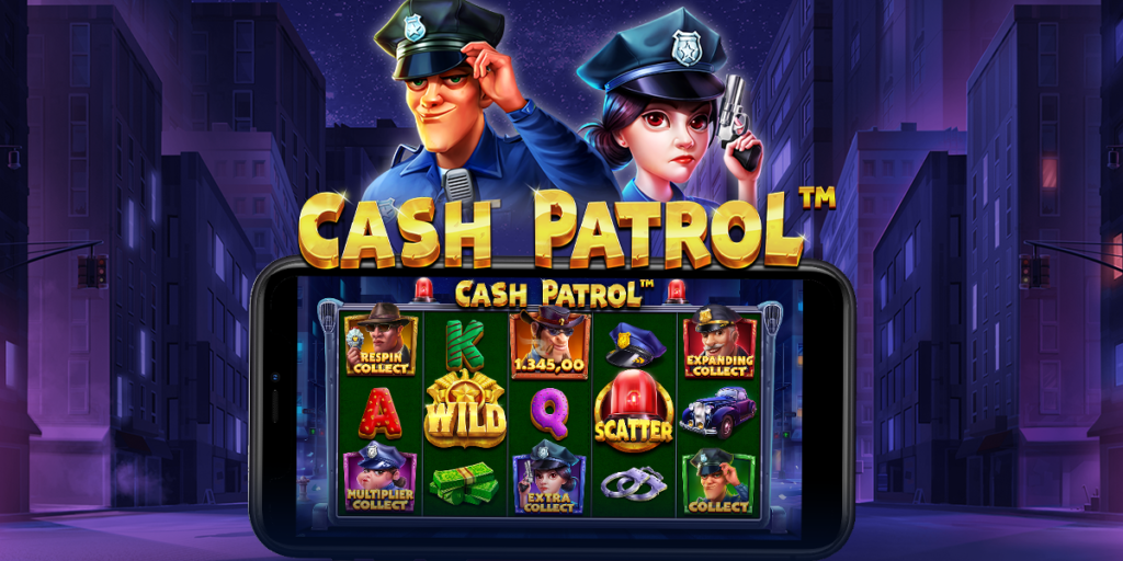 Cash Patrol Slot showing police officers, police cars, and money bags on the reels with a high-speed action backdrop