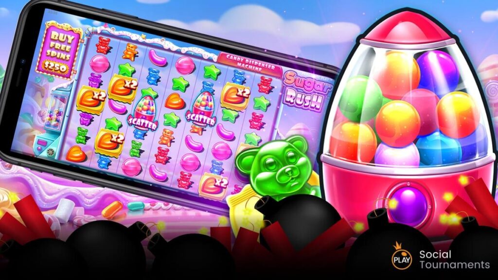 A colorful and exciting candy-themed slot game, Sugar Rush Slot by Pragmatic Play, featuring cascading reels and massive multipliers